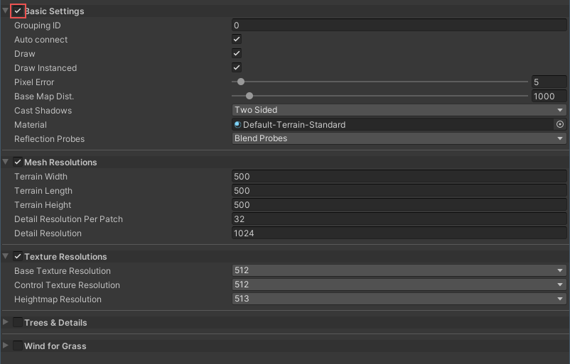 Multiple terrain settings editor