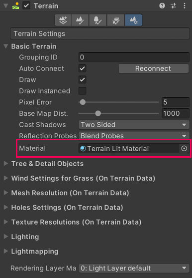 Terrain GameObject Inspector, Terrain Settings.