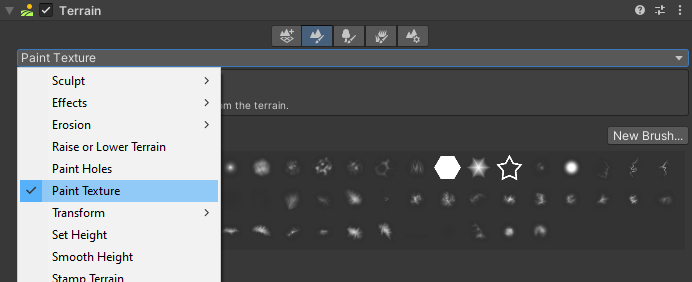 The paint texture tool being selected from the Inspector