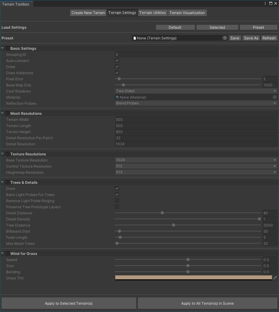 Multiple terrain settings wizard