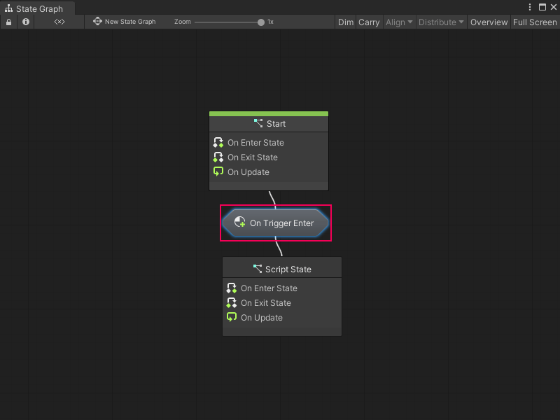 An image of a State Graph with a configured transition between two states. The transition appears as On Trigger Enter.