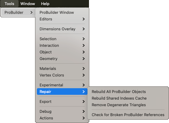 Tools > ProBuilder > Repair menu