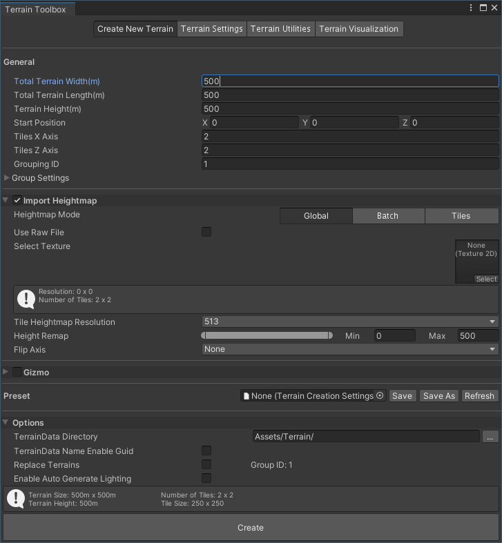 The terrain toolbox panel