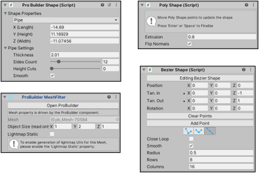 Pro Builder Shape, Poly Shape, ProBuilder MeshFilter, and Bezier Shape components