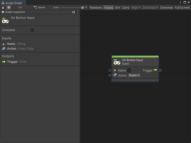 An image of the Graph window. An On Button Input node displays with its details in the Graph Inspector.