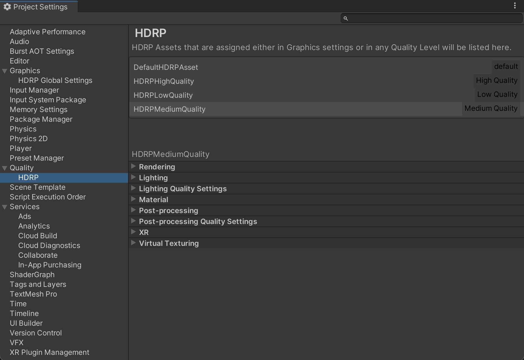 HDRP Quality Settings Panel