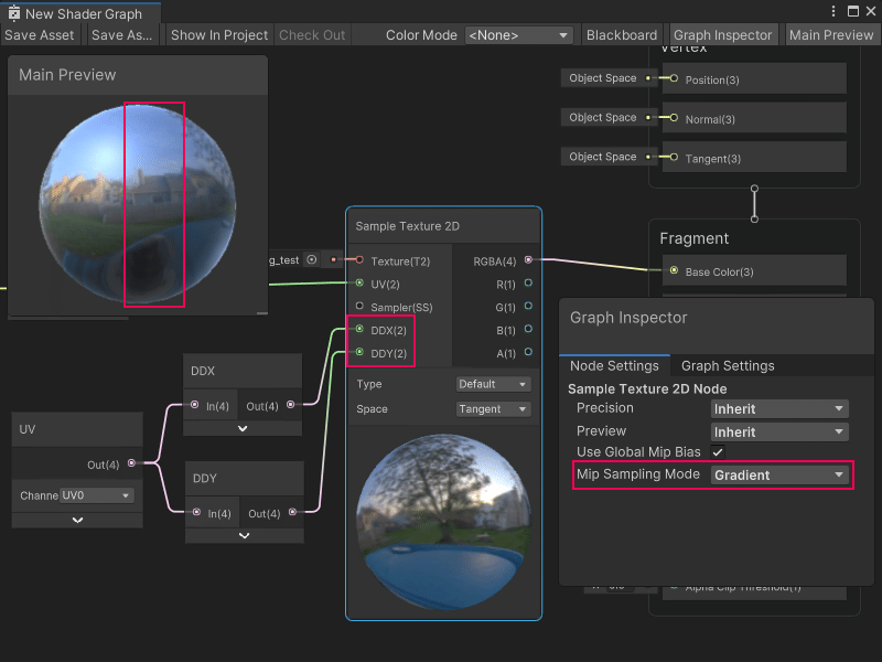 An image of the Graph window, that displays the same Sample Texture 2D node as the previous image. This time, the Mip Sampling Mode in the Graph Inspector has been set to Gradient. The new DDX and DDY input ports on the Sample Texture 2D node receive input from a DDX and DDY node, with input from a UV node. The seam on the Main Preview of the Texture has disappeared.