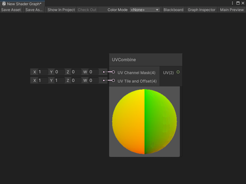 An image showing the UVCombine node in the Shader Graph window