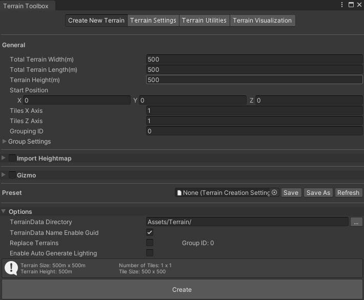 Create new terrain tab in the terrain toolbox panel