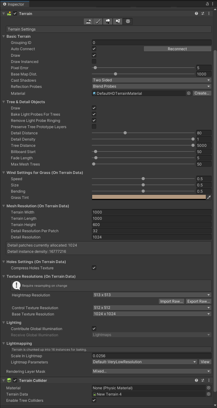 Terrain settings in the Inspector