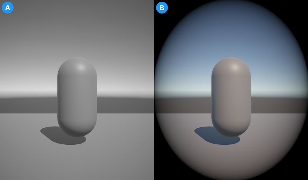 The output of two cameras. Image A shows a camera with a Color Adjustment override. Image B shows the second camera with a Vignette override.